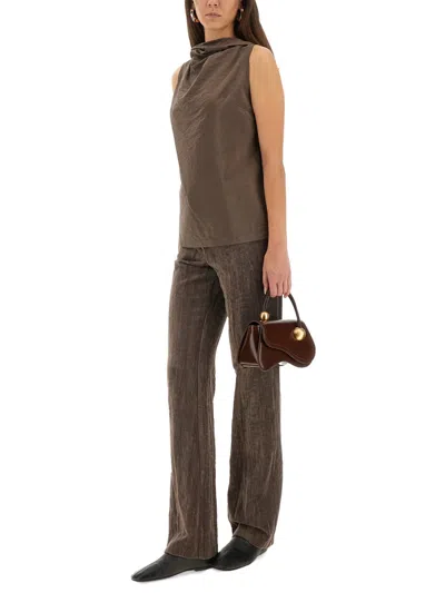 Alysi Velvet "crinkle" Slim Pants In Brown