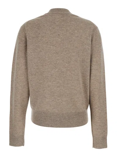 Acne Studios Women 'kalas' Beige Crewneck Sweater With Logo Patch On The Front In Wool Blend Woman In Animal Print