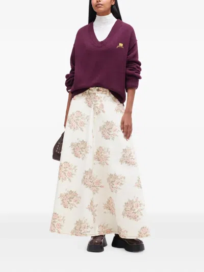 Ganni Burgundy Wool Mix V-neck Jumper In Burgundy