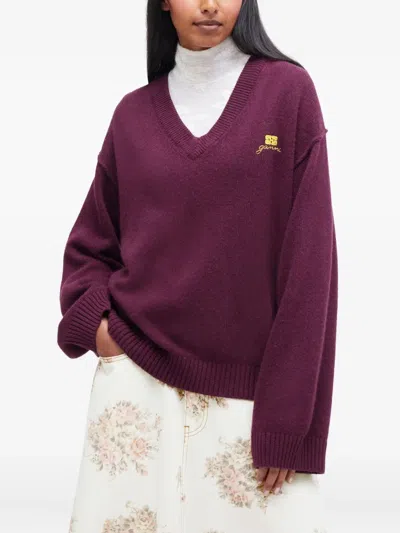 Ganni Burgundy Wool Mix V-neck Jumper In Burgundy