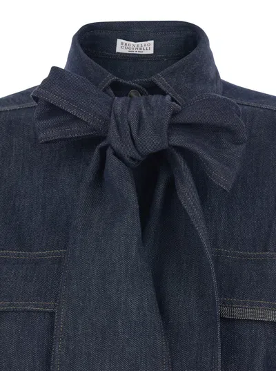 Brunello Cucinelli Lightweight Denim Shirt With Removable Bow In Black