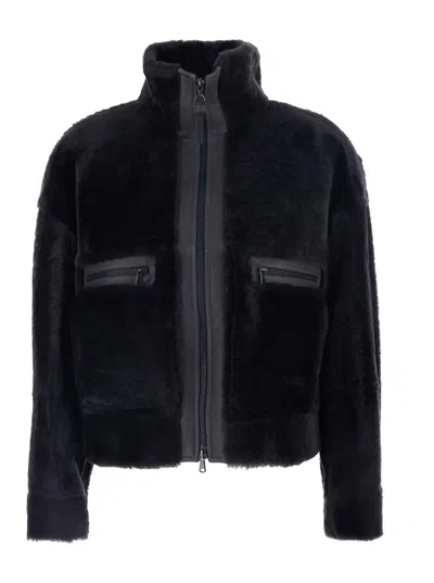 Brunello Cucinelli Grey Shearling Jacket With Two Front Welt Pockets With Zip In Black