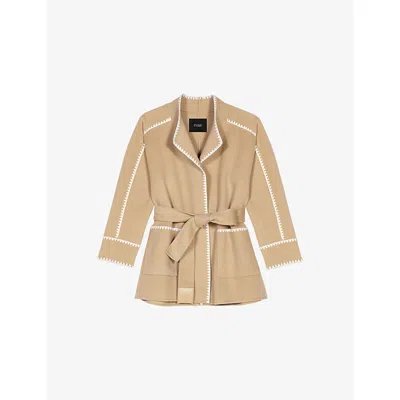 Maje Womens Camel Embroidered-trim High-neck Wool-blend Coat In Brown