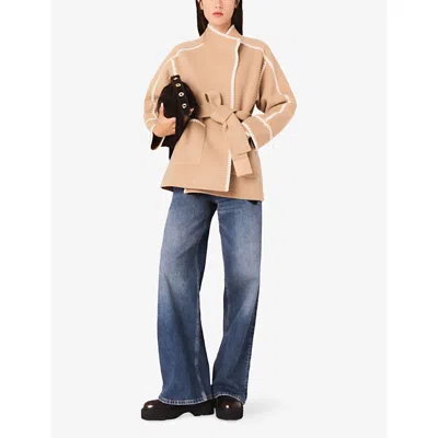 Maje Womens Camel Embroidered-trim High-neck Wool-blend Coat In Brown