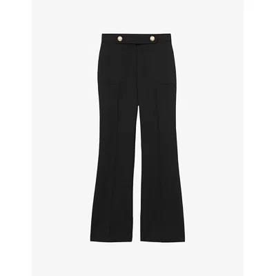 Reiss Womens Black Lily Flared-leg Button-embellished Stretch Wool-blend Trousers In Black