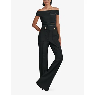 Reiss Womens Black Lily Flared-leg Button-embellished Stretch Wool-blend Trousers In Black