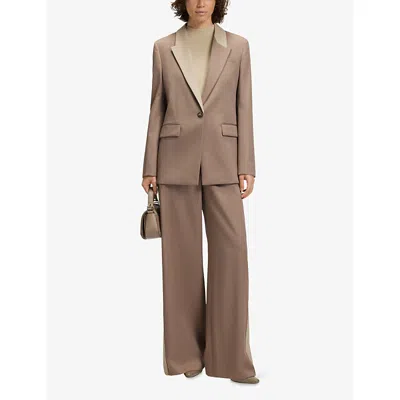 Hugo Boss Womens Open Brown Colour-block Lapel Single-breasted Virgin-wool Blazer In Brown