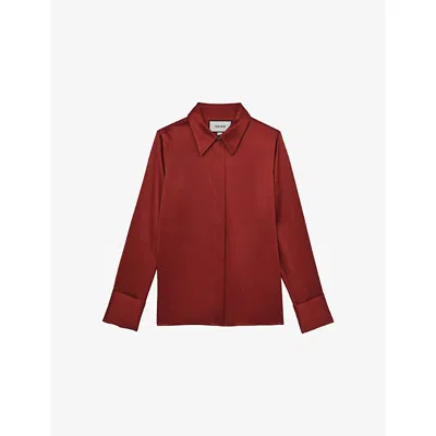 Reiss Dark Red Silk-satin Concealed-placket Shirt In Red