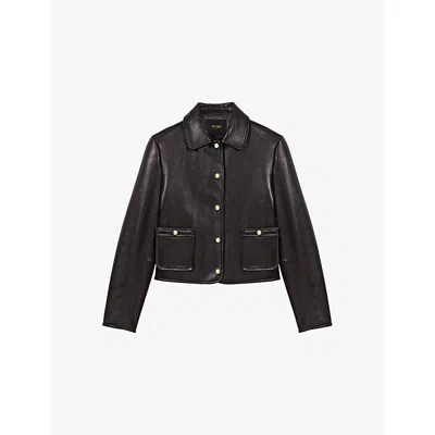 Maje Womens Black Cropped Side-pocket Leather Jacket In Black