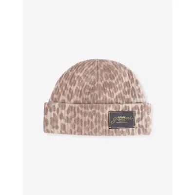 Ganni Womens Leopard Brand-patch Wool-blend Beanie In Brown