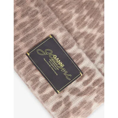 Ganni Womens Leopard Brand-patch Wool-blend Beanie In Brown