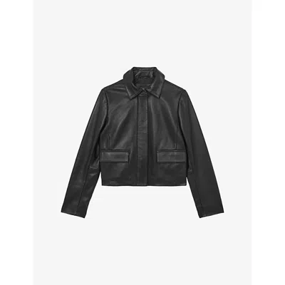 Reiss Black Collared Leather Jacket In Black