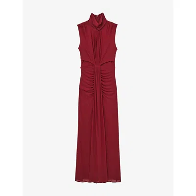 Reiss Dark Red Ruched Sleeveless Maxi Dress In Red