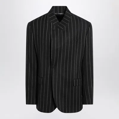 Dolce & Gabbana Pinstripe Wool Blend Single Breasted Coat In Black