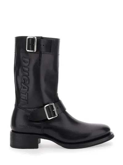 Dsquared2 Ducati X D2 Black Ankle Boots With Side Zip Closure And Maxi Logo Lettering On The Side In Leather M In Black