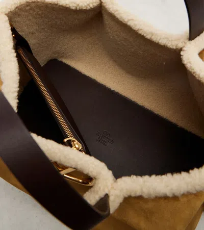 Valentino Garavani  Garavani Medium Suede Shopping Bag With Sheepskin Lining Woman Havana B In Sand