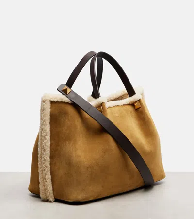Valentino Garavani  Garavani Medium Suede Shopping Bag With Sheepskin Lining Woman Havana B In Sand