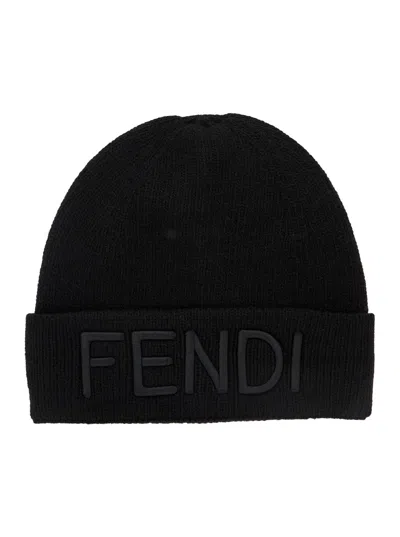 Fendi Men Black Beanie With Maxi Logo Lettering On Front In Wool Man In Black
