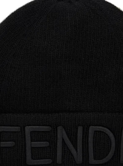 Fendi Men Black Beanie With Maxi Logo Lettering On Front In Wool Man In Black