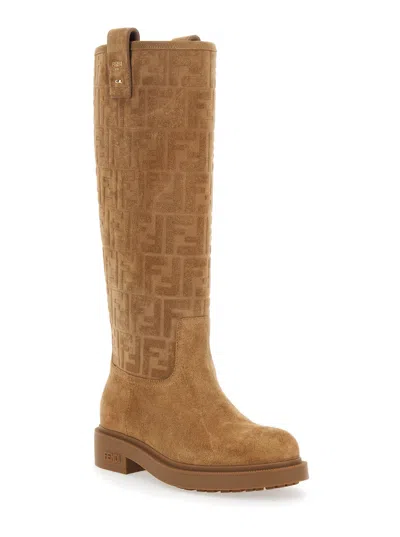 Fendi Cavallerizzo Boot Suede Ff Rubber Sole Boots Beige In Brown