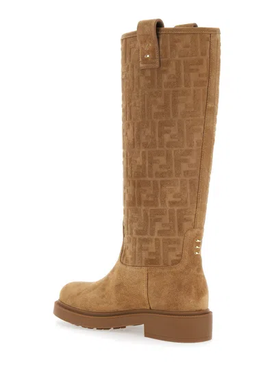 Fendi Cavallerizzo Boot Suede Ff Rubber Sole Boots Beige In Brown