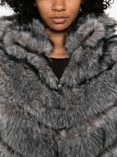 Betta Corradi Chevron Patterned Plush Faux Fur Coat In Gray