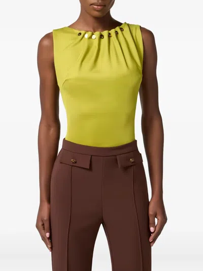 Elisabetta Franchi Fitted Sleeveless Top With Button Embellishments And Gathered Neckline In Yellow