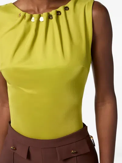 Elisabetta Franchi Fitted Sleeveless Top With Button Embellishments And Gathered Neckline In Yellow