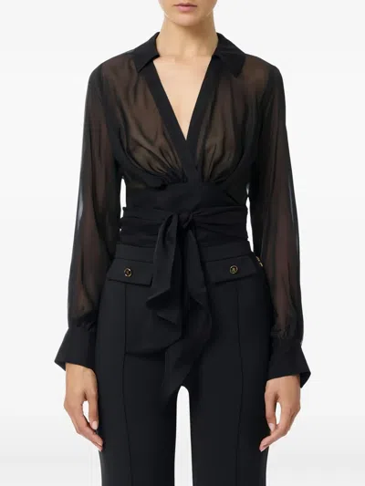 Elisabetta Franchi Blouse In Voile Fabric With Sash In Black