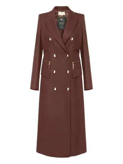 Elisabetta Franchi Enamelled-button Double-breasted Coat In Brown