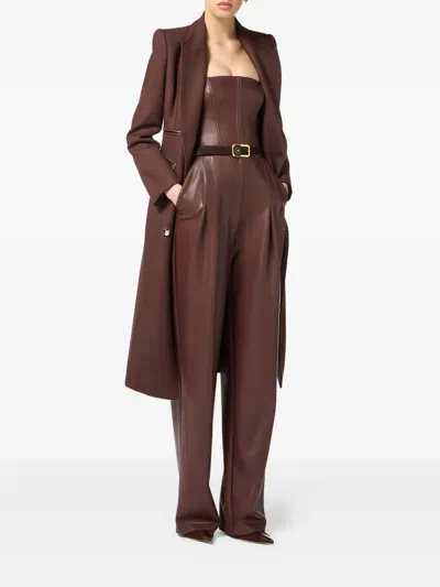 Elisabetta Franchi Enamelled-button Double-breasted Coat In Brown