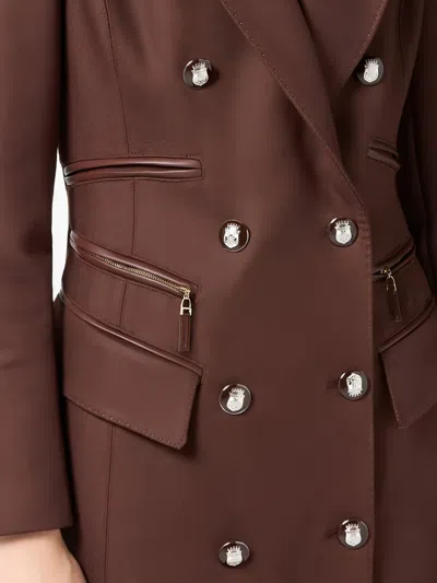 Elisabetta Franchi Enamelled-button Double-breasted Coat In Brown