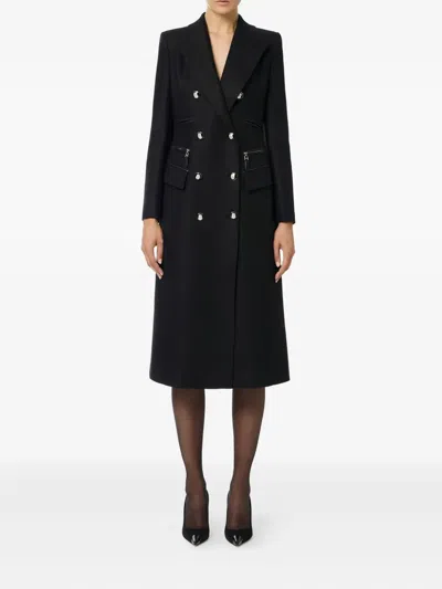 Elisabetta Franchi Enamelled Button Double-breasted Coat In Black