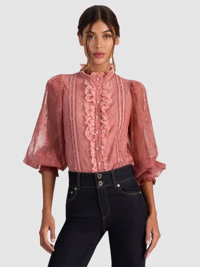Alice And Olivia Eugenia Mock Neck Lace Top In Pink