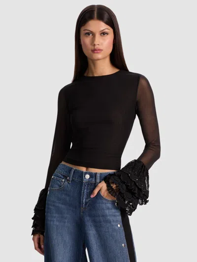 Alice And Olivia Delaina Sheer Sleeve Cropped Top In Black
