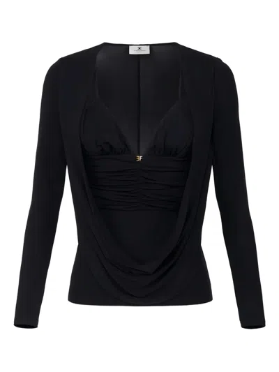 Elisabetta Franchi Crepe Jersey Sweater With Jewel Logo In Black