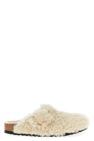 Birkenstock Womens Eggshell Shearling Boston Buckle-embellished Clogs In White