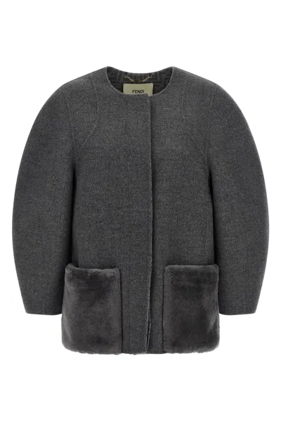Fendi Women Wool Blouson With Mink Pockets And Inner Ff Logo In Gray