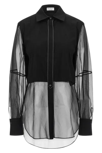 Brunello Cucinelli Mixed-media Monili-trim Bib-front Blouse In Black