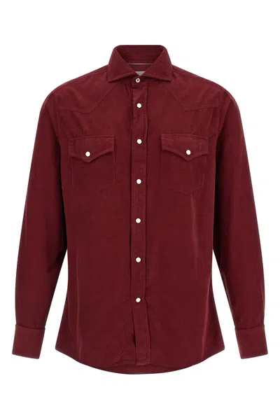 Brunello Cucinelli Button-down Corduroy Shirt Featuring Chest Pockets In Burgundy