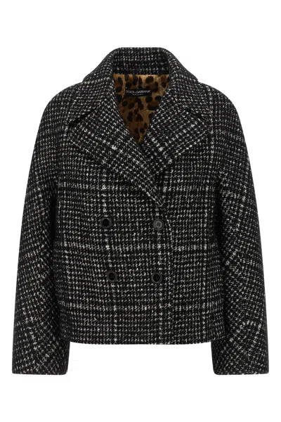 Dolce & Gabbana Short Double-breasted Checked Coat Dolce E Gabbana In Gray