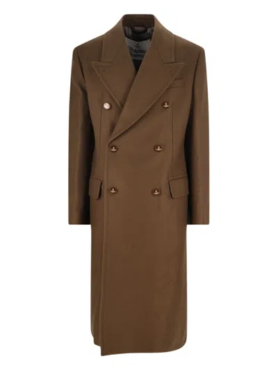 Vivienne Westwood Long Coat With Flap Pockets And Back Vent In Brown