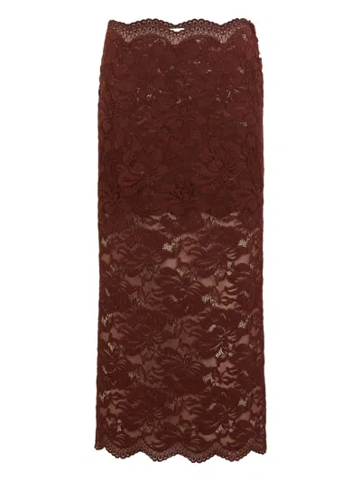 Rabanne Floral Stretch-guipure Lace Midi Skirt In Brown