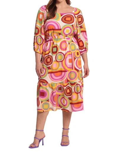 Donna Morgan Abstract Print 3/4 Sleeve Midi Dress In Cream Orange In Multi