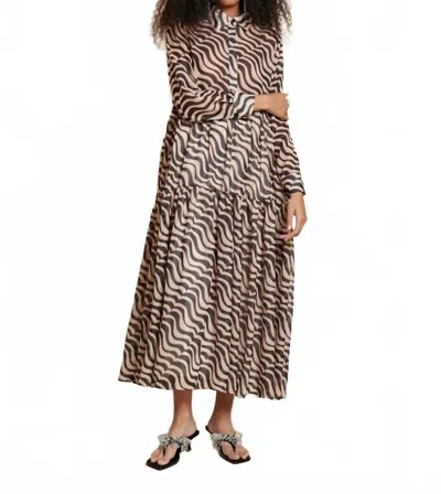 Ghospell Cecilia Printed Midi Dress In Mocha Brown In Black