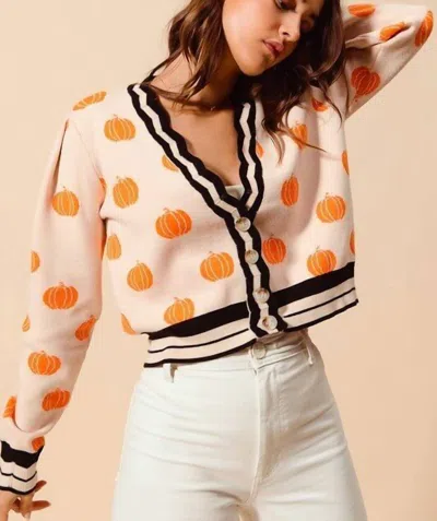 Peach Love Pumpkin Pattern Soft Scalloped Cardigan In Oatmeal/orange In Multi