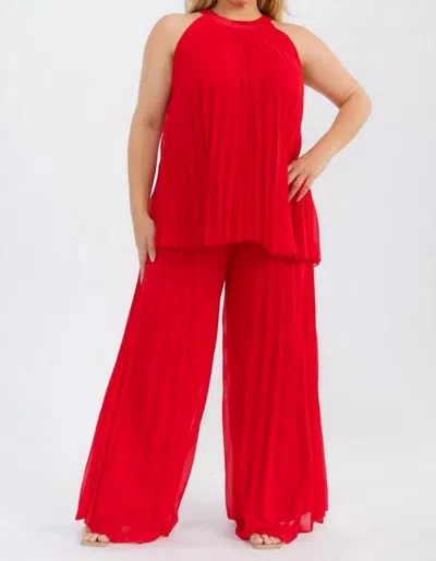 Karen T Design Pleated Sleeveless Blouse And Elastic Waist Pleated Wide Leg Pants Set In Red In Red