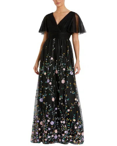 Mac Duggal Embellished Illusion Butterfly Sleeve V Neck Gown In Black