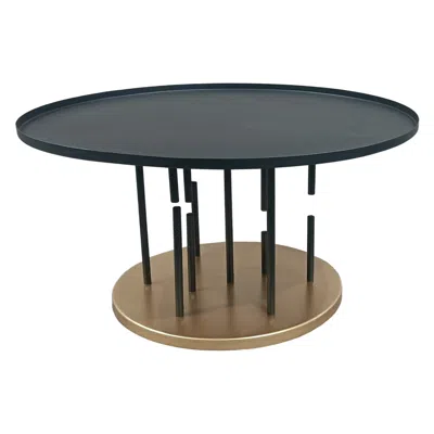 Hivvago Neci 31 Inch Coffee Table, Round Matte Black Tray Top, Modern Rod Supports With Brass Base