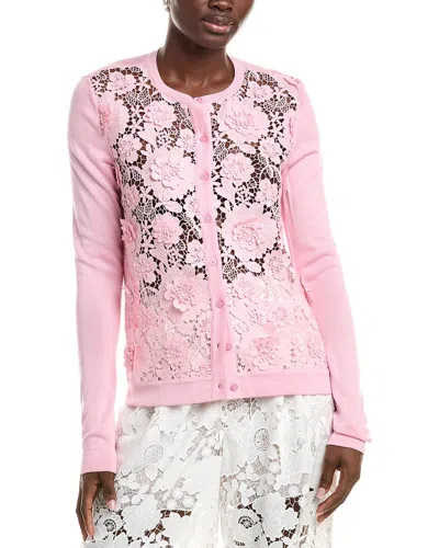 Oscar De La Renta Floral Guipure Inset Long-sleeve Crewneck Cardigan In Pink